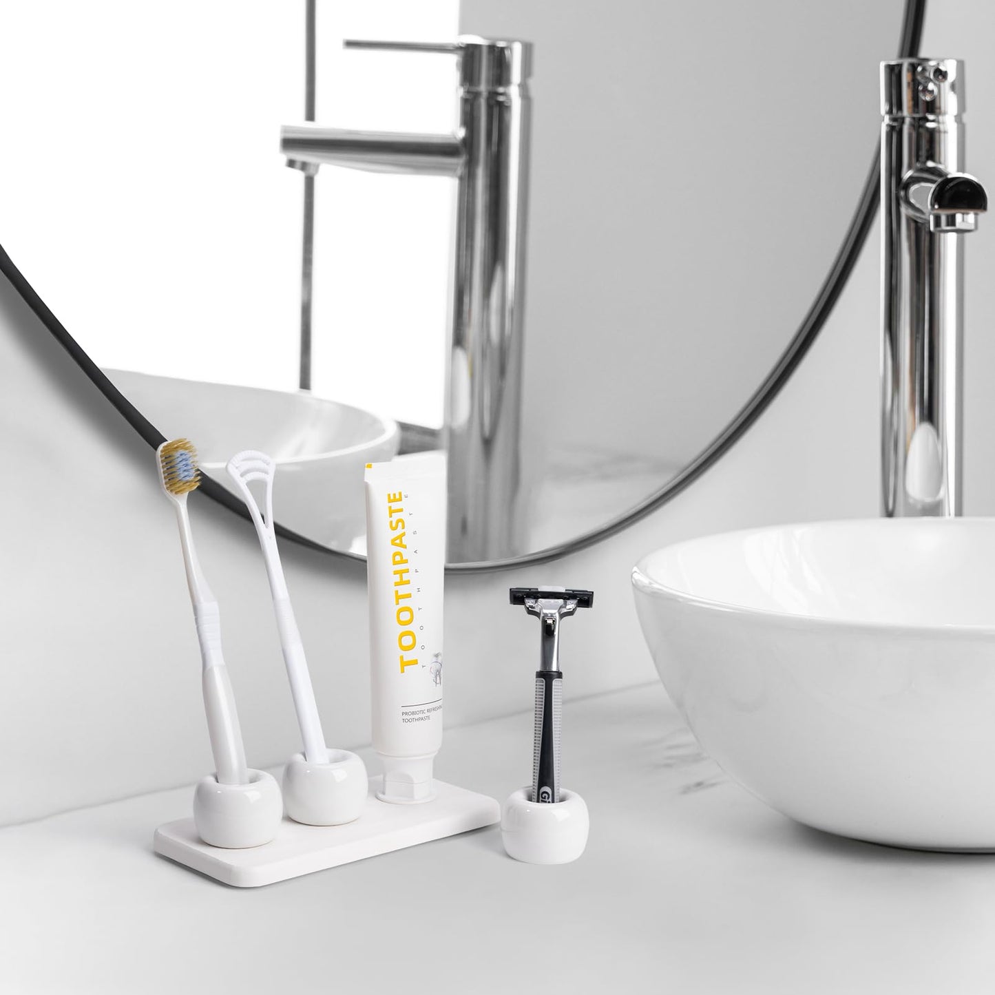 Dersyer 3 Pack Mini Ceramic Toothbrush Holder Stand with 1 Pack Water Absorbing Stone for Bathroom Vanity Countertop, Toothbrush Organizer, White
