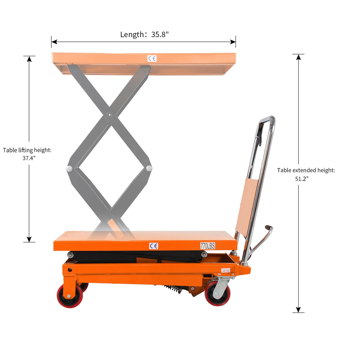 APOLLOLIFT Hydraulic Lift Table Cart, 770lbs Capacity 51" Lifting Height, Double Scissor Lift Table with 4 Wheels and Safety Back Guard for Material Handling and Transportation(Orange)