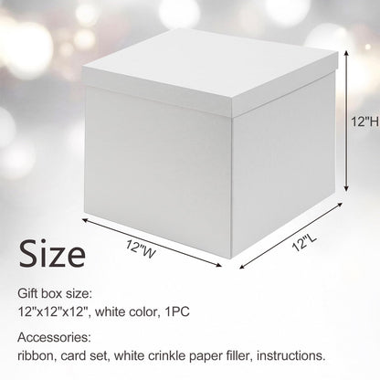 Mefleet Large Gift Box with Lid for Presents 12x12x12 Inches Extra Big Deep Square White Boxes 1 Pack for Christmas, Birthday, Valentine's Day, Mother's Day - Contains Crinkle Paper, Ribbon and Card