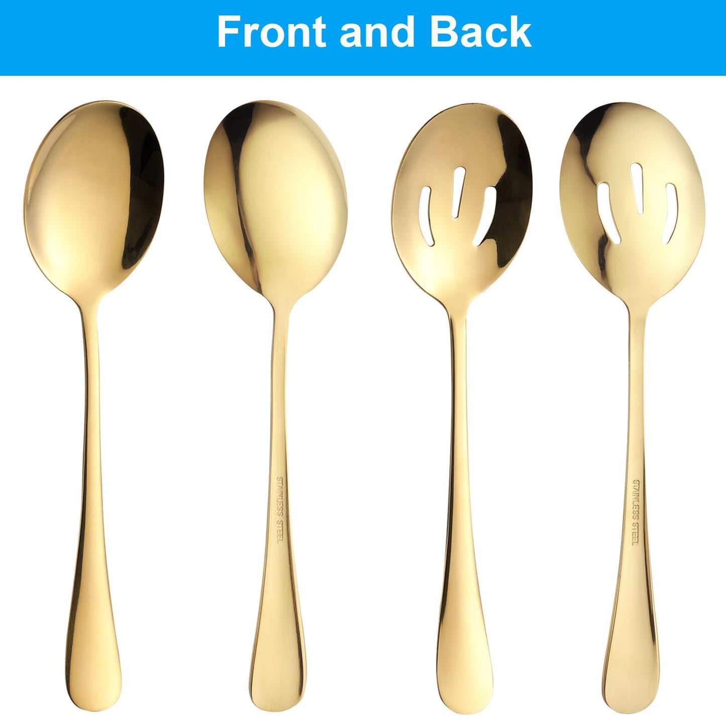 6 Pieces Serving Spoons Set, 8.7 Inch Serving Spoon, Includes 3 Server Spoon and 3 Slotted Spoons, Stainless Steel Buffet Banquet Large Utensils Cutlery Set for Kitchen, Gold