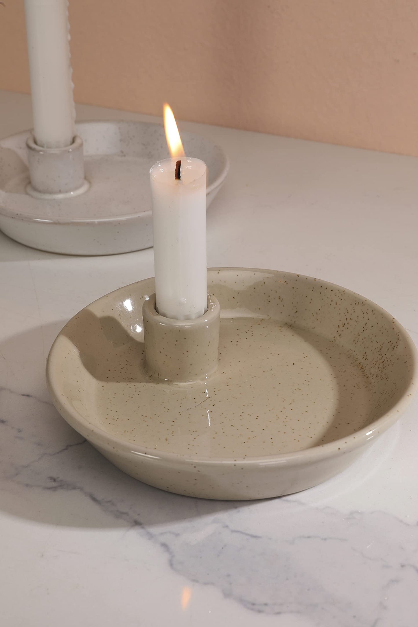DN DECONATION Ceramic Candle Holder, Boho Candlestick Holder with Round Plate for Taper Candles, Unique Farmhouse Porcelain Candle Stick Holder for Meditation/Yoga Room Home Wedding Decor(Gray)