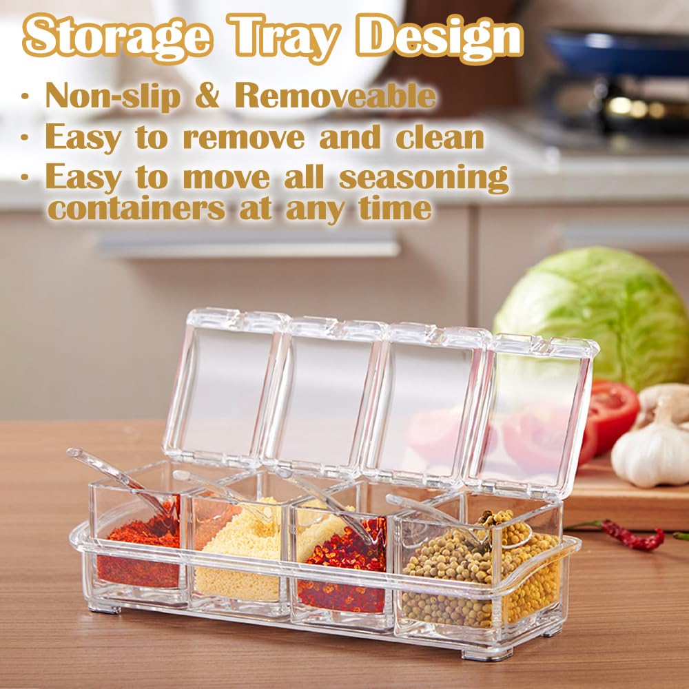 SHAIDOJIO Clear Seasoning Box, 8 Pcs Spice Storage Pots Condiment Container Boxes with Lids and Spoons, Seasoning Rack Spice Jar, Kitchen Seasoning Organizer for Salt, Sugar, Cocoa, Ice Cream Toppings