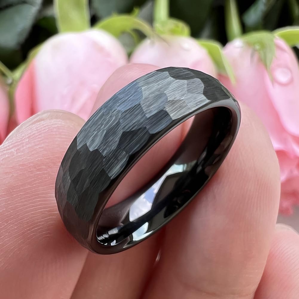TUTISS 6mm Black Hammered Tungsten Rings for Men Women Fashion Engagement Wedding Bands Domed Matte Finish Comfort Fit Size 7