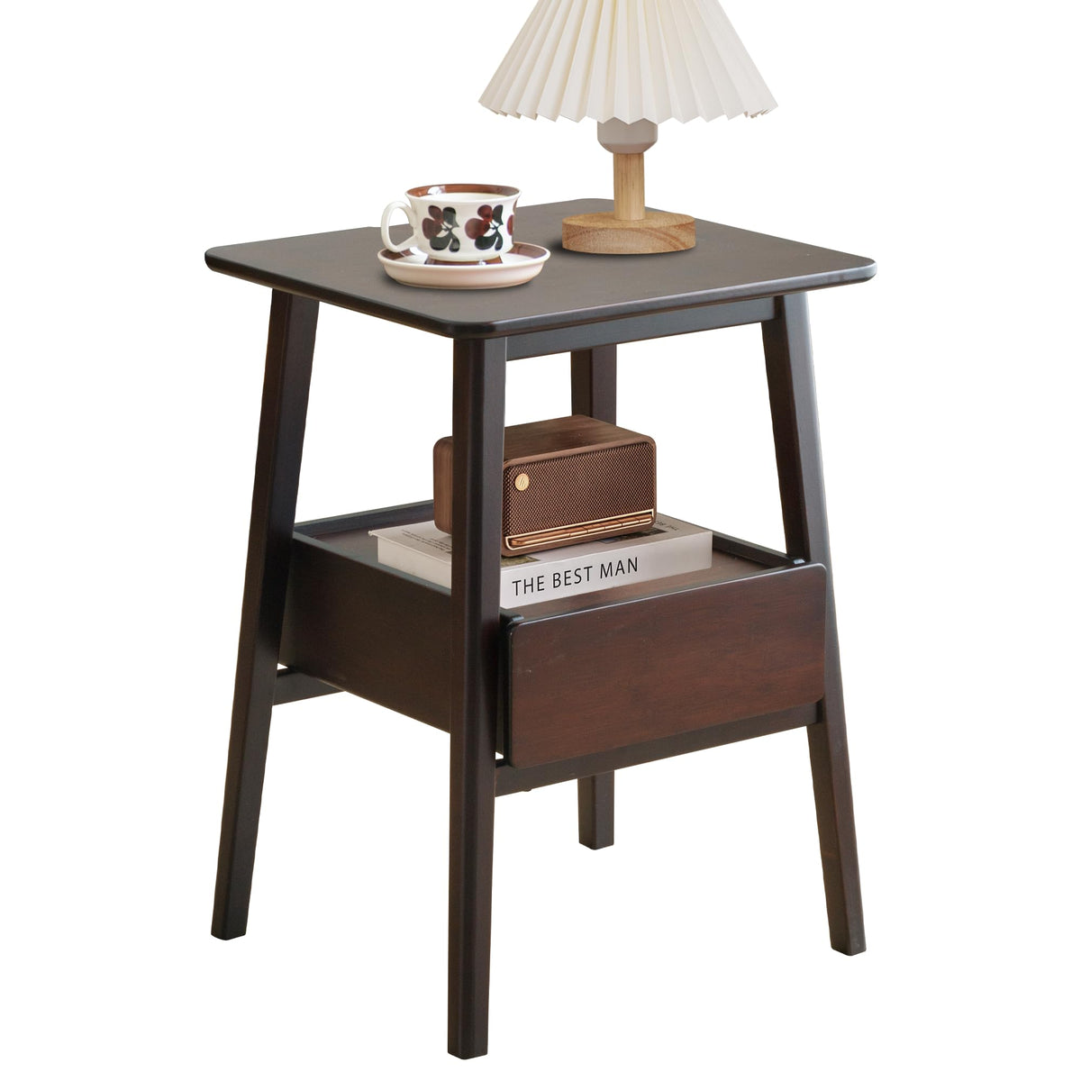 Kuabner Night Stand with Drawer, Mid Century Modern Nightstand, Bedside Tables with Open Storage Shelf,Large Storage End Table, Bamboo Night Stands for Bedrooms