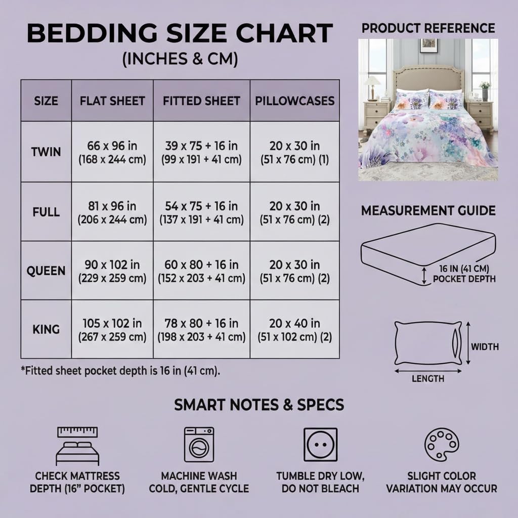 YIYEA Floral Sheets King Size, Premium Double Brushed Microfiber Bed Sheet Set for All Season, Soft Breathable, 16" Deep Pocket, Shrinkage and Fade Resistant, 4PC, King