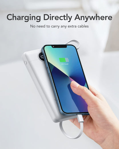 VRURC Portable Charger with Built in Cables, Slim Power Bank 10000mAh, USB C Battery Pack Travel Essential, 5 Outputs 2 Inputs Phone Charging Bank for iPhone 16 15 14 13,Samsung,Android-Black(1 Pack)