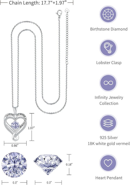 Jewelry for Women Wife Infinity Heart Birthstone I Love You Necklace S925 Anniversary Women Necklaces for Her Wife Birthday Gift Ideas, Birthday Present for Girlfriend Mom Daughter Sterling Silver