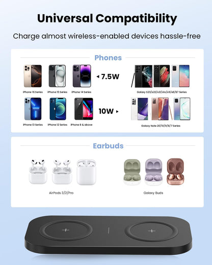 TAMOXI Wireless Charger, 10W Max Dual Charging Pad for iPhone 17/16/15/14/13/12/11/XR/X/8, Airpods 4/3/2/Pro, Samsung Galaxy S25/S24/S23/S22/S21, QC 24W Adapter, Charging Adapter