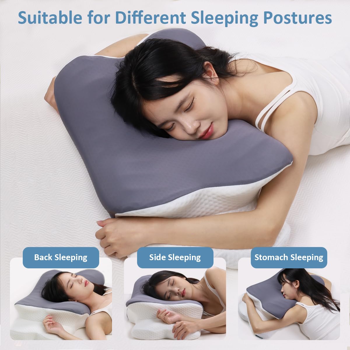 Topmener Cervical Memory Foam Pillow Ergonomic Orthopedic Butterfly Shape Bed Pillow Neck Support Sleeping Pillow with Wider Armrest, Cool Cover and Adjustable Height for Side Back& Stomache Sleepers