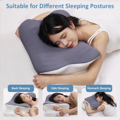 Topmener Cervical Memory Foam Pillow Ergonomic Orthopedic Butterfly Shape Bed Pillow Neck Support Sleeping Pillow with Wider Armrest, Cool Cover and Adjustable Height for Side Back& Stomache Sleepers