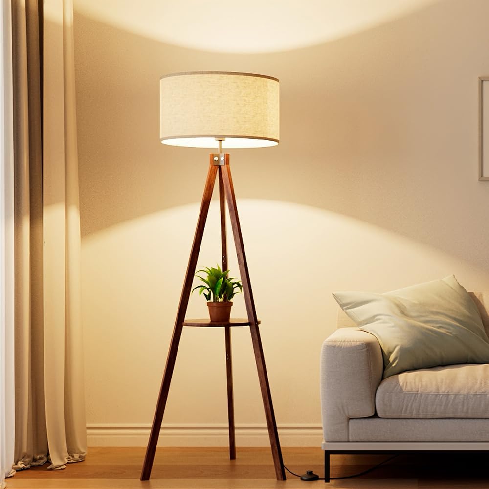 LEPOWER Tripod Floor Lamp, Mid Century Wood Standing Lamp, Modern Design Shelf Floor Lamp for Living Room, Bedroom, Office, Flaxen Linen Shade with E26 Base Brown