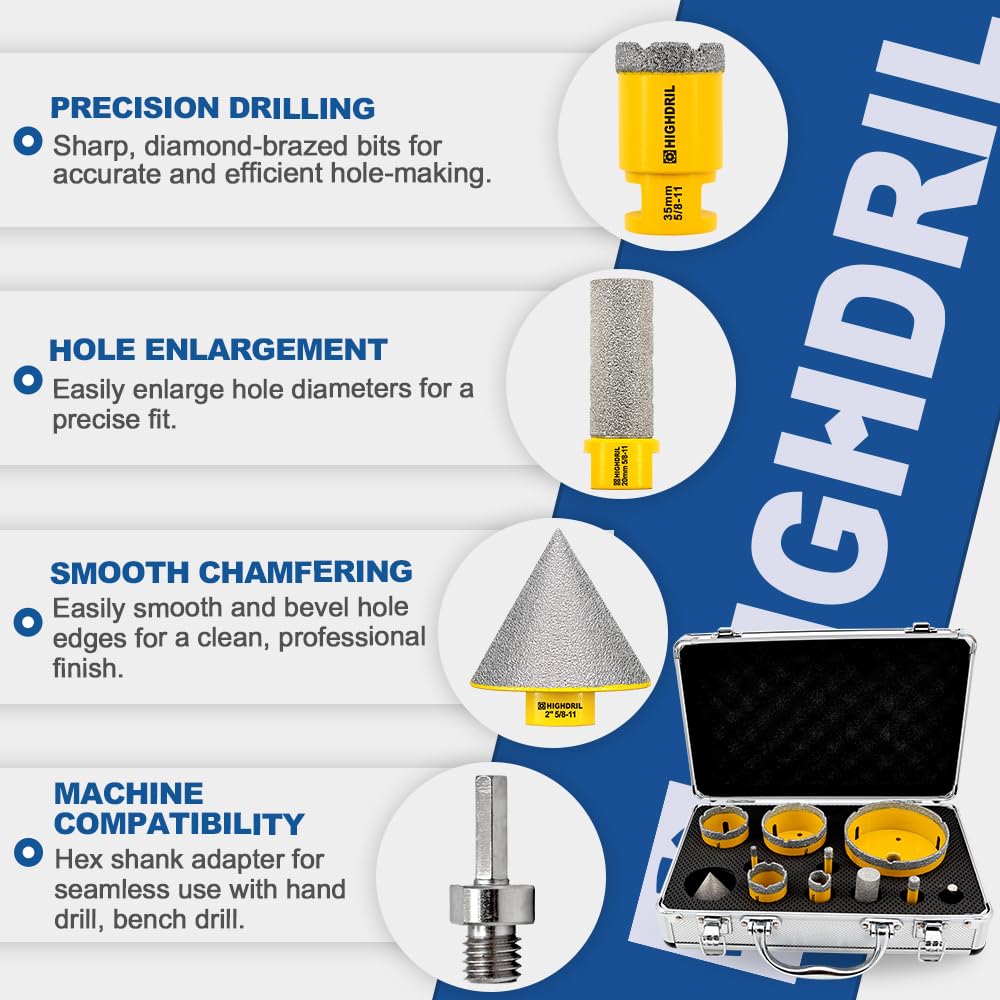 HIGHDRIL Diamond Drill Bits Kit with 5/8-11 and HIGHDRIL Diamond Saw Blade - 5 Inch Diamond Tile Blade Disc