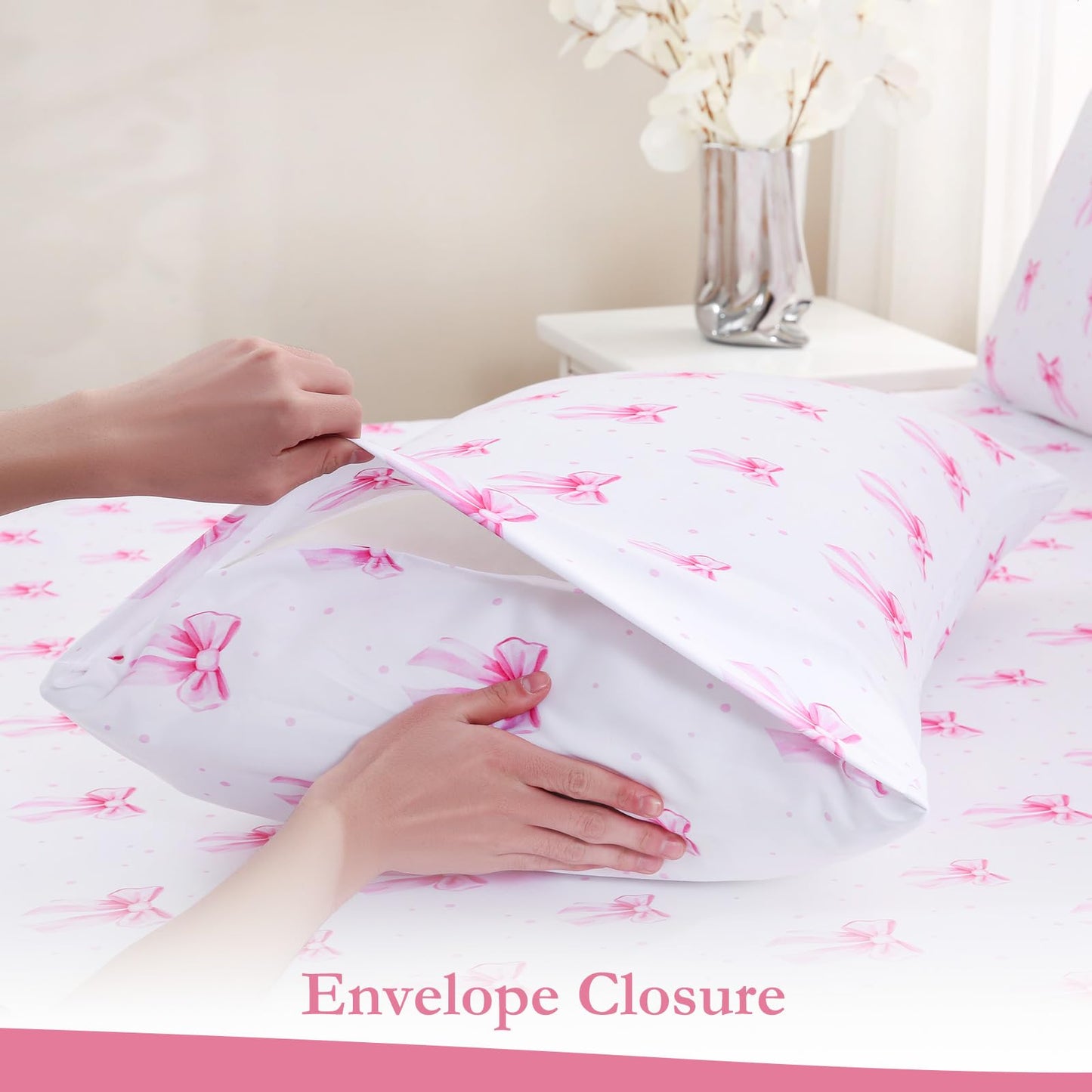 MICORAL Boho Floral Queen Sheet Set, 4-Piece Printed Botanical Bed Sheets, 16" Deep Pocket, Ultra Soft & Cooling Sheet, Oeko-TEX Certified, Pink Bow