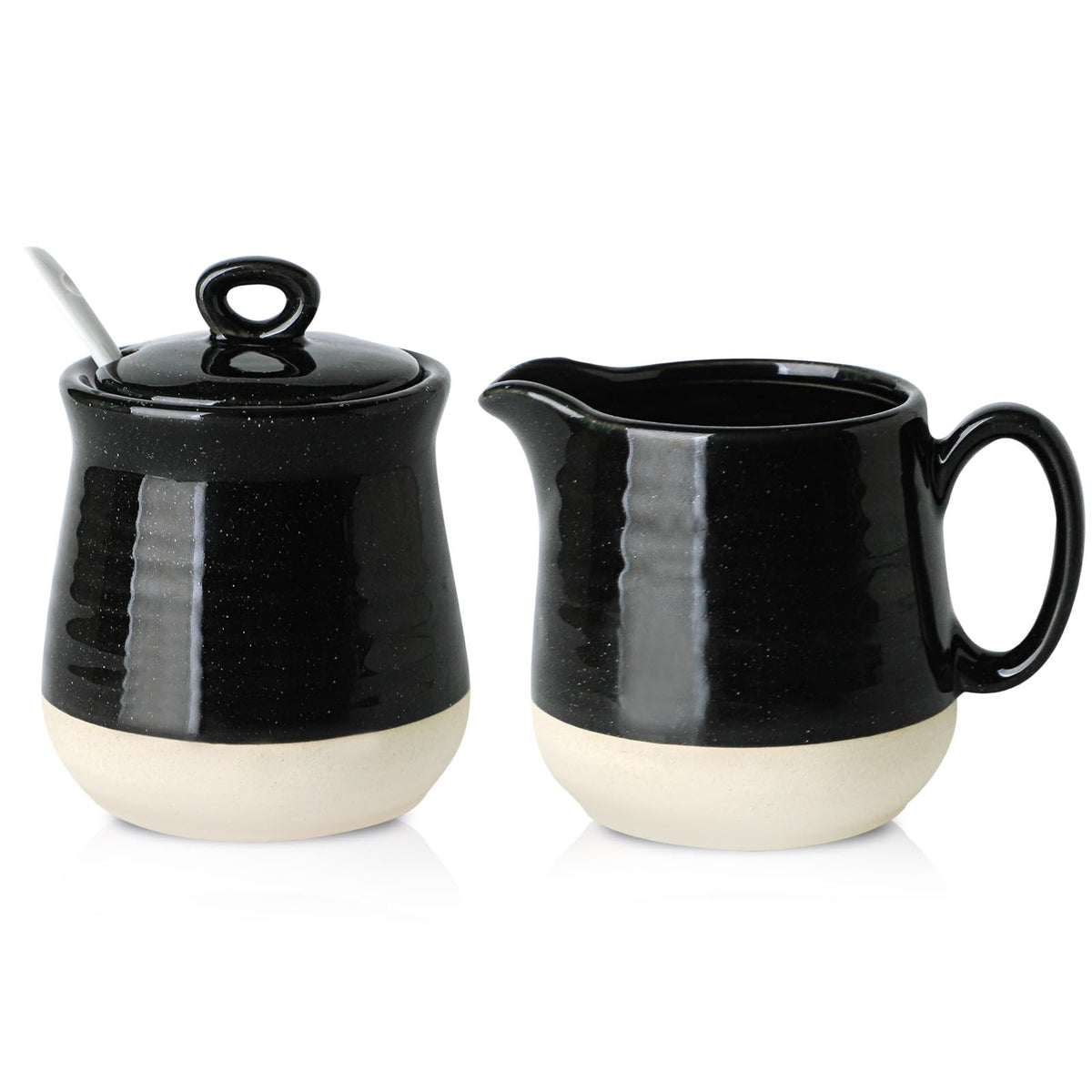 Hasense Porcelain Sugar and Creamer Set, 3 Piece Coffee Serving Set with Cream Pitcher, Sugar Bowl, Lid & Spoon, 10 Oz Farmhouse Decor for Coffee Bar, Black