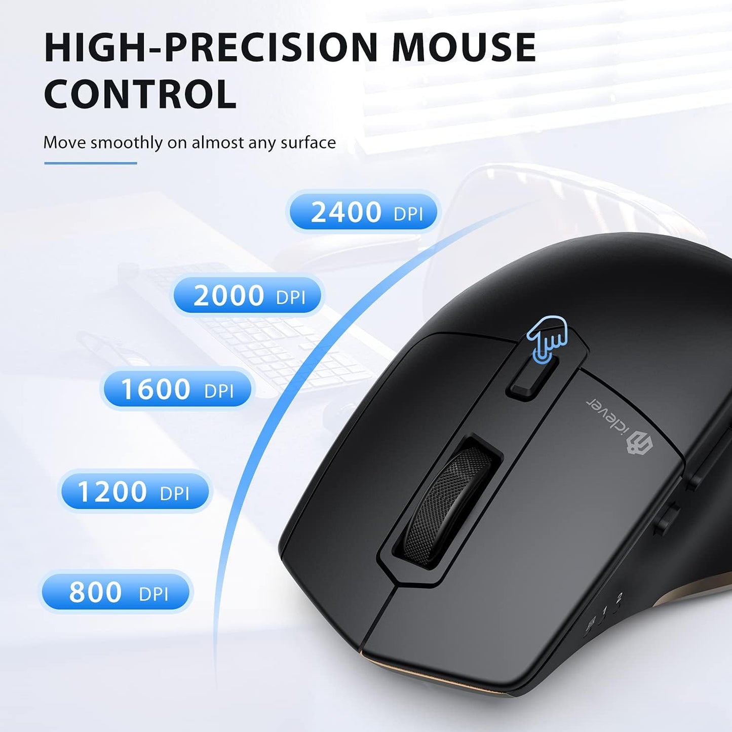 iClever Wireless Mouse with Bluetooth or USB Receiver, 5 Adjustable 2400DPI Rechargeable Computer Mice, Wireless Mouse for Laptop, iPad, MacBook, Tablet, PC