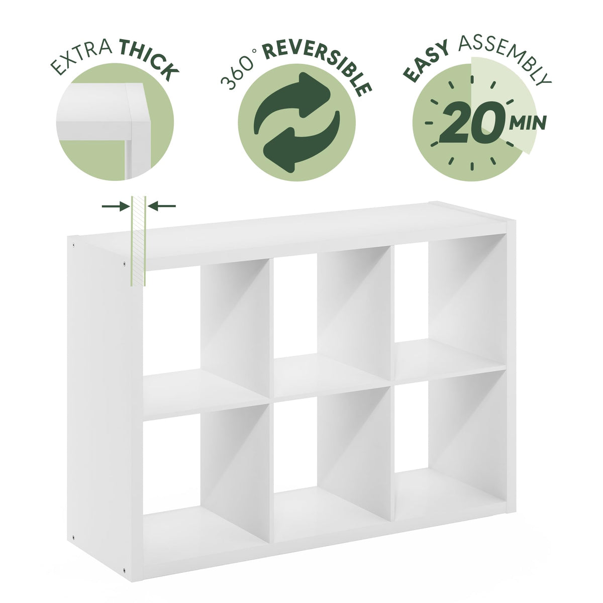 Furinno Cubicle Book Shelf, 6-Cube Bookshelf, Extra Thick Frame Horizontally & Vertically Reversible Bookcase with Open Back, 14.6" x 44" x 30", for Living Room, Bedroom, Home Office, White