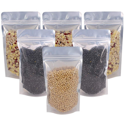 100 Pack 5.5 x 10 Inch Stand Up Pouch Bags Zipper Mylar Bags Clear Front with Aluminum Foil Back Reusable Food Storage Bag for Multipurpose with Gusset Bottom(5.5mil Thickness)
