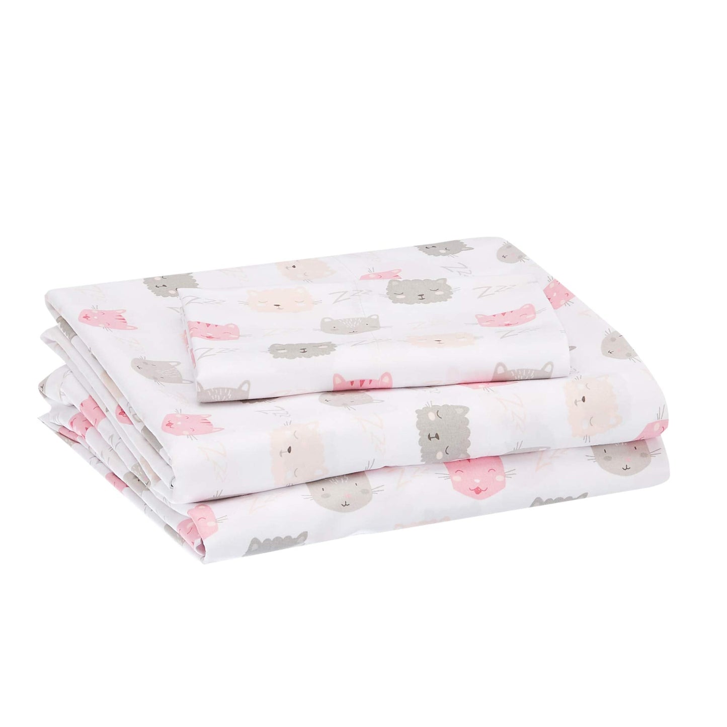 Amazon Basics Kid's Soft, Breathable, Easy-Wash Microfiber 3-Piece Sheet Set with Pillowcase, Twin, Peony Pink Kitties, Animal Print