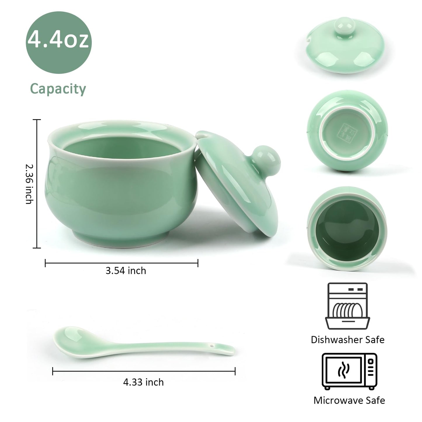 Tingyework Porcelain Salt Cellar with Lid and Spoon, 4.4 oz Salt Container Sugar Bowl for Spice & Seasonings, Elegant Kitchen Counter Decor, Chinese Celadon (Light Green)