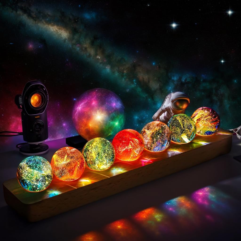 vskikris 40mm Crystal Quartz Stones 7 Chakra Natural Healing Spheres with LED Wooden Stand for Meditation Positive Energy Night Light Decoration Balls Set for Home