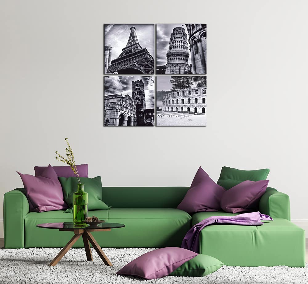 Wieco Art Architectures Modern 4 Panels Giclee Canvas Prints Europe Buildings Black and White Landscape Pictures Paintings on Canvas Wall Art Ready to Hang for Bedroom Home Office Decorations