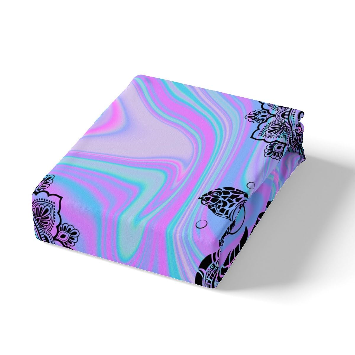 Castle Fairy Kids Tie Dye Sea Turtle Full Fitted Sheet 4pcs,Mandala Flowers Tortoise Animal Bed Sheet Set for Girls Teens Bedroom,Purple Blue Marble Polyester Bedding Set with 1 Flat + 2 Pillowcases