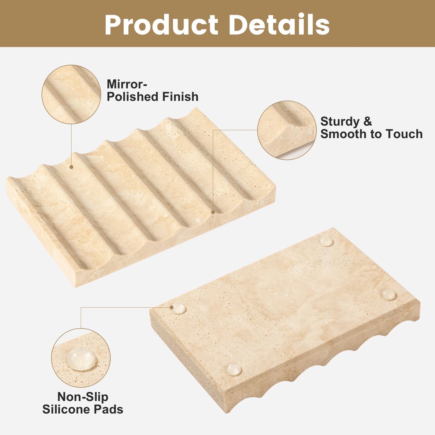 Soap Dish Rectangular, Beige Travertine Stone Soap Holder with Self Draining - Shower Bathroom Kitchen, Jewelry Ring Display Tray