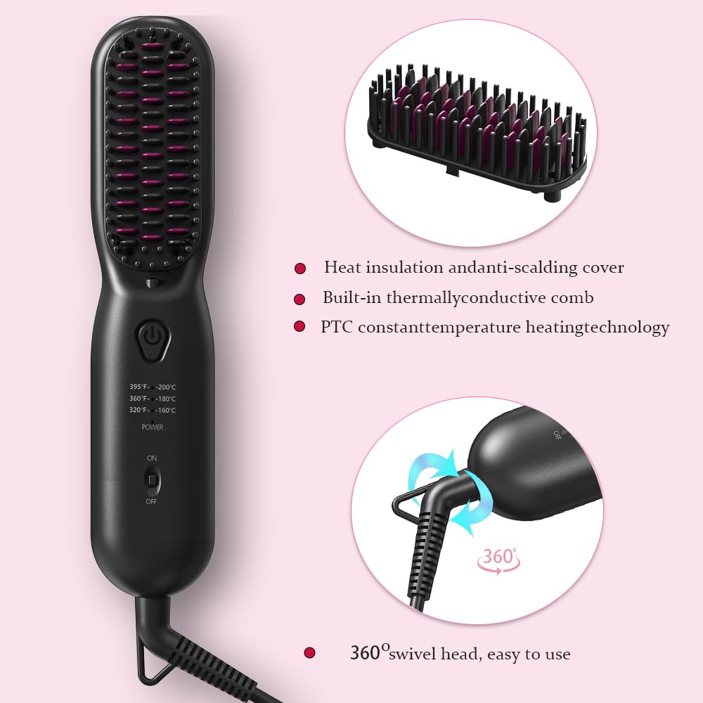 Hair Straightener Brush Dense Bristles Straightening Brush for Women Comb Quick Temperature Adjustment and Auto-Off Hair Accessories for Thick Curly Hair (Black)