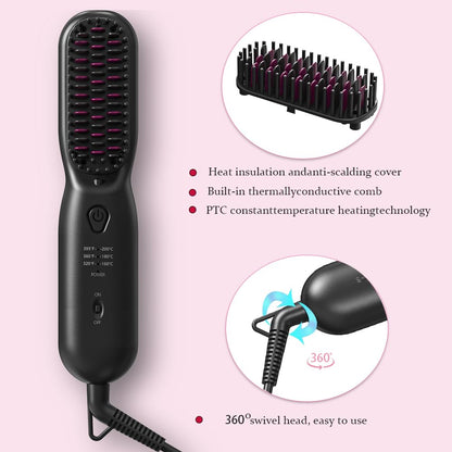 Hair Straightener Brush Dense Bristles Straightening Brush for Women Comb Quick Temperature Adjustment and Auto-Off Hair Accessories for Thick Curly Hair (Black)