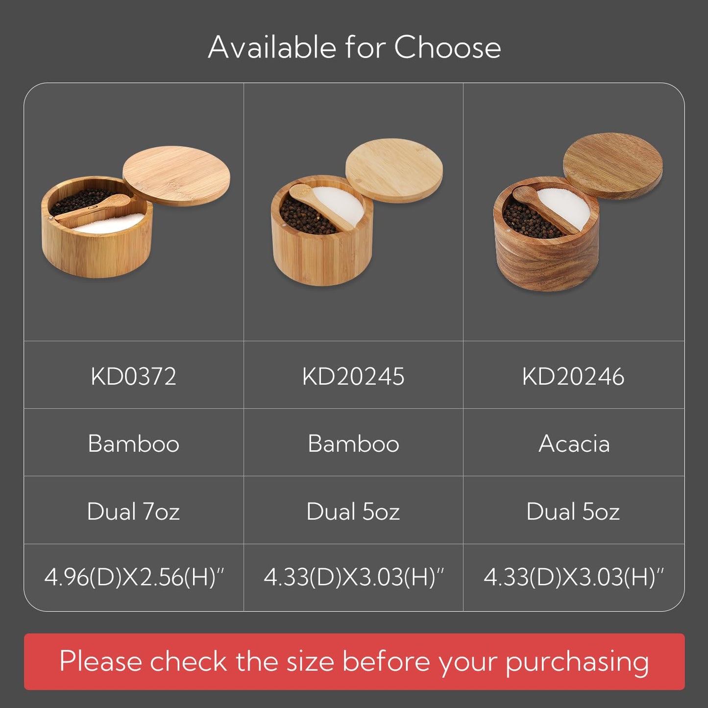 KITCHENDAO Bamboo Salt and Pepper Bowl Box Cellar, Built-in Spoon, Two Compartments Spice Seasoning Container, Sea Salt Cellar Holder, Magnetic Swivel Lid, Dual 5oz Capacity