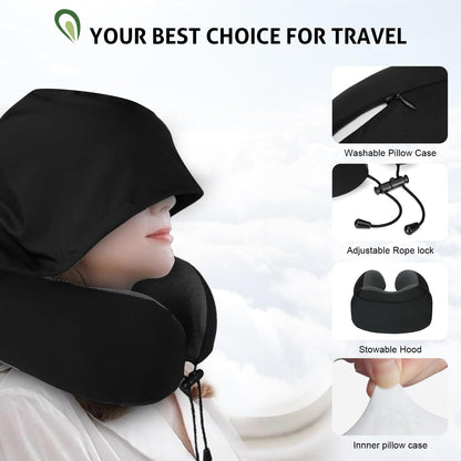 Jiancrate Travel Pillow for Neck Memory Foam, Hooded Travel Neck Pillow for Adults, Comfortable Neck Pillow for Travel with Hoodie, Flight Pillow, Airplane Pillow, Travel Cushion for Plane Car Train