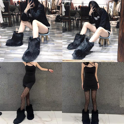 Valpeak Snow Boots for Women 2023 Furry Boots Winter Knee High Flat Heel Fluffy Faux Fur Boots(Black,9)