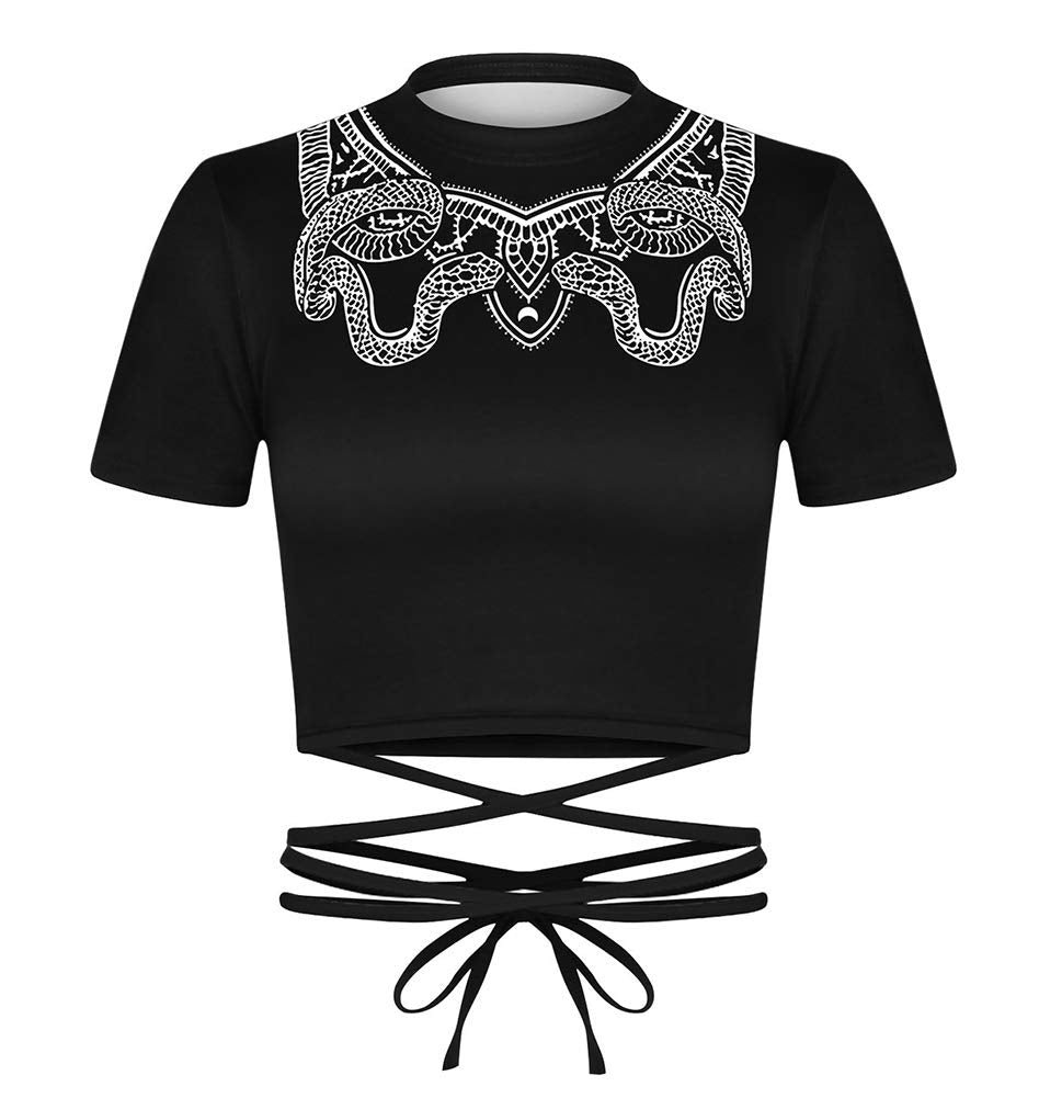 Sister Amy® Women's Halter Cross Hollow Boho Bandage Tank Camis Crop Top Vest B-Halloween Skull-1 One Size