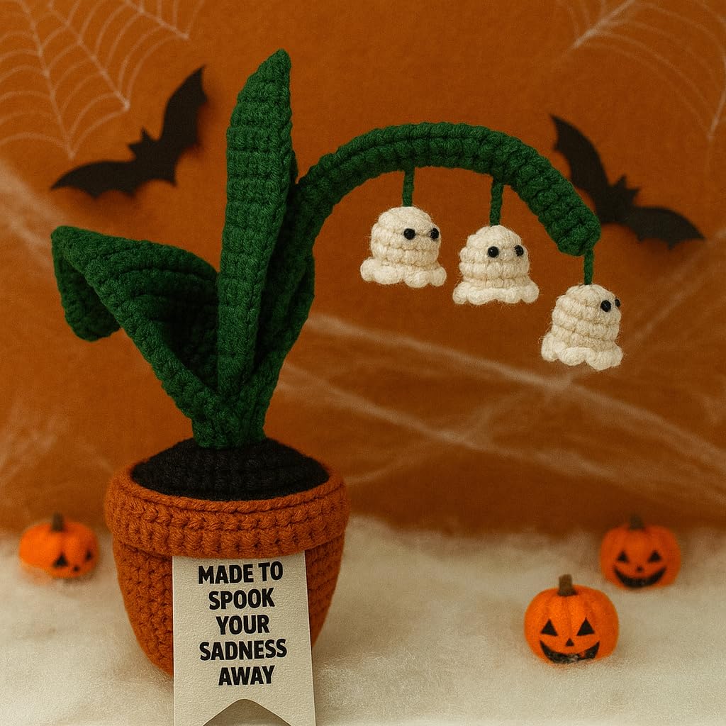 Acecare Halloween Crochet Ghost Lily of The Valley in Pot | Handmade Amigurumi Creepy Plant Decoration | Spooky Table Ornament, Trick or Treat Gift with Pumpkin Commemorative Coin