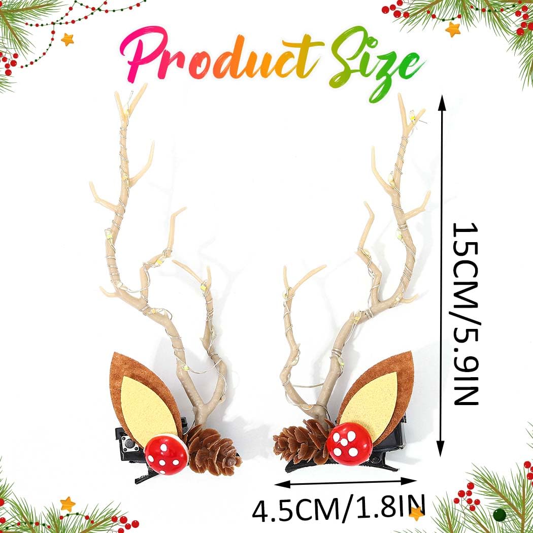 Bartosi LED Light Christmas Hair Clips Reindeer Antlers Xmas Hairpins Hair Barrettes Cute Party Cosplay Head Pieces Hair Accessories for Women and Girls (Pack of 2)
