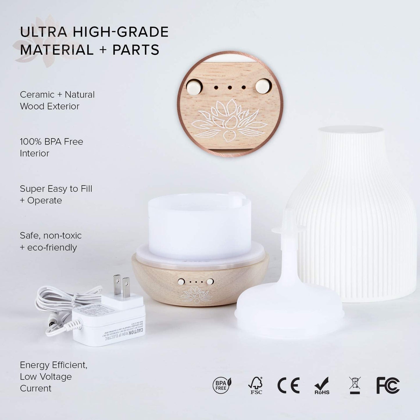 Sacred Lotus Love Ceramic Essential Oil Diffuser – Ultrasonic Aroma Diffuser with Wood Base, Ambient LED Light and Timer Settings