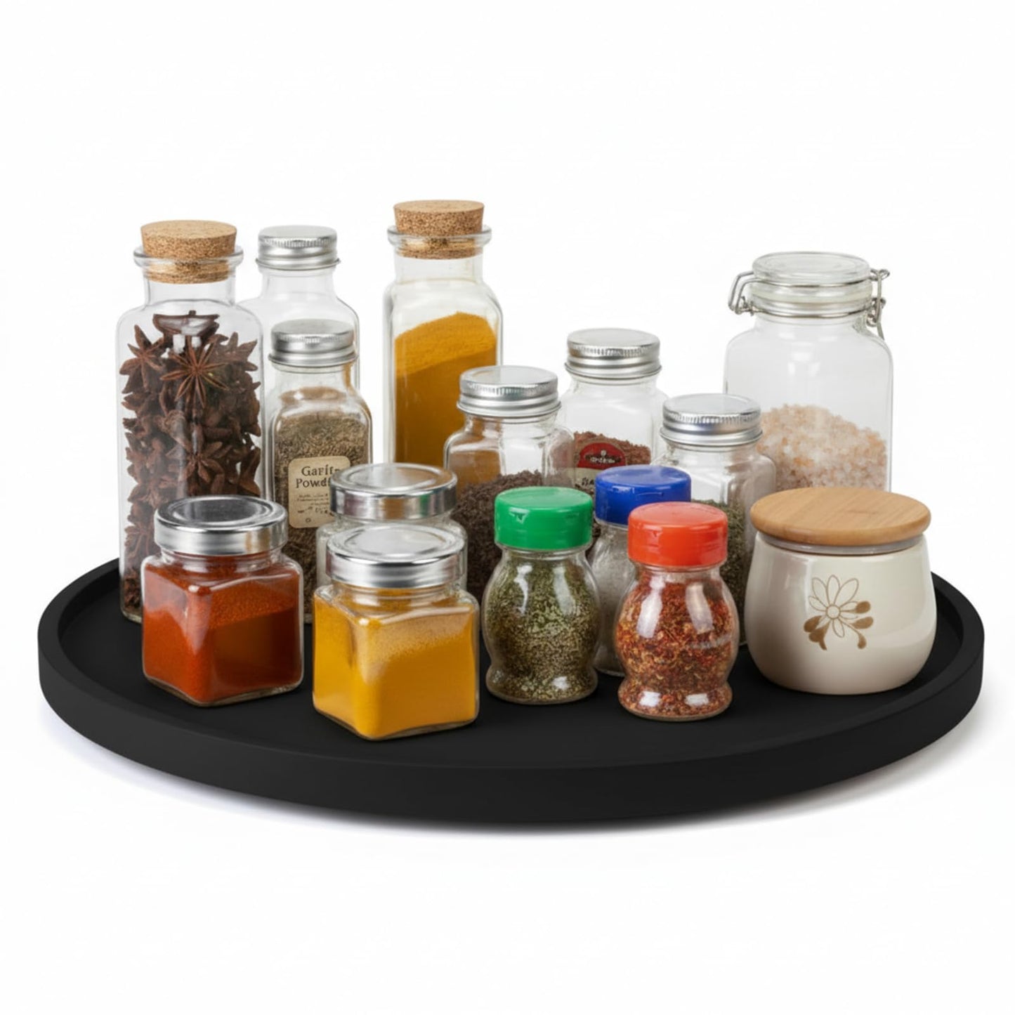 Yiyiring 20'' Wood Lazy Susan for Countertop Acacia Large Turntable Rotating Serving Tray for Table Top Non Skid Kitchen Tray Revolving Condiment Spice Rack Table Organization Storage, Black