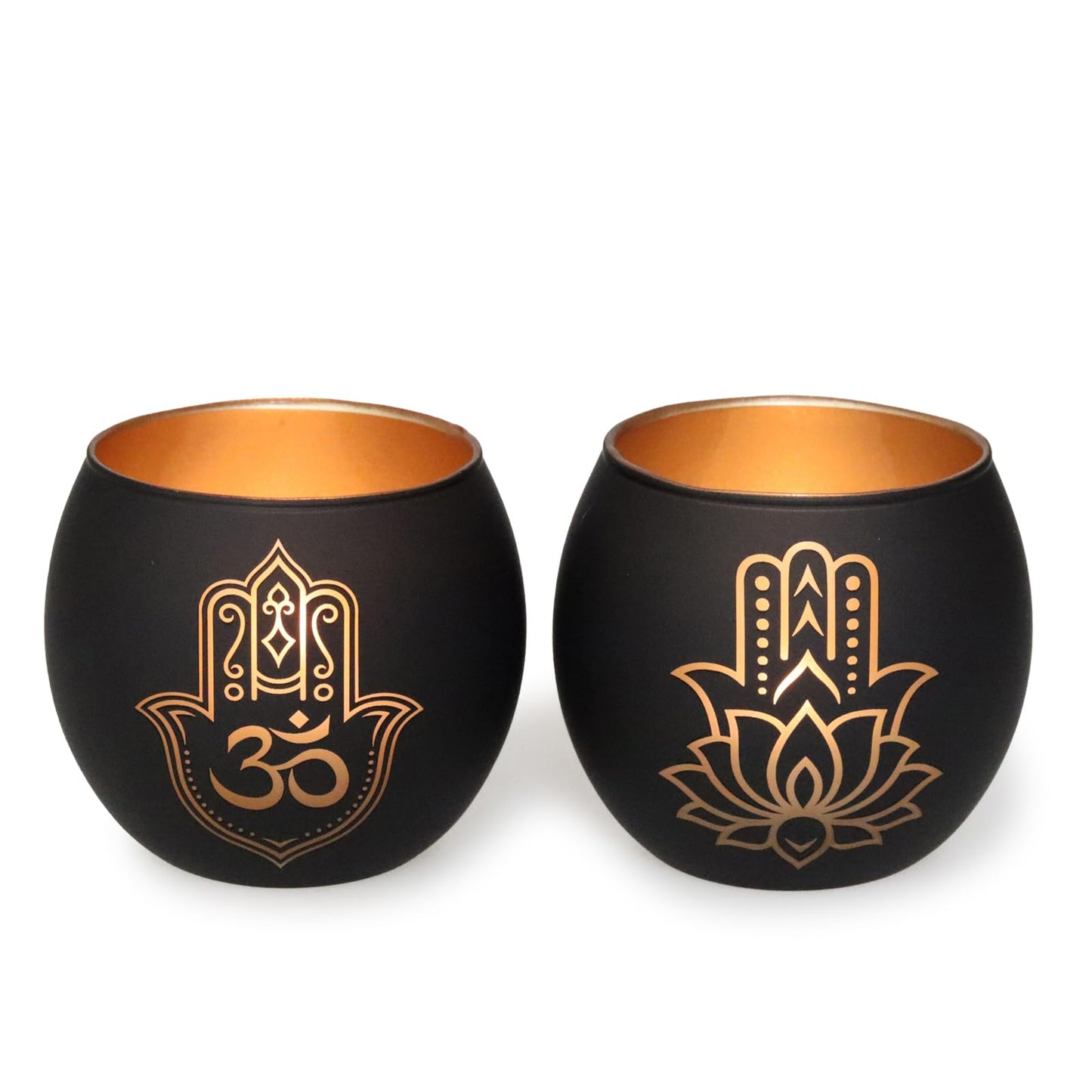 Hamsa Hand & Lotus Candle Holder Set of 2, Black and Gold Glass Votive Tealight Holders for Zen Meditation Decor, Om Symbol Decor for Yoga Room, Spa Bathroom & Diwali Decorations for Home