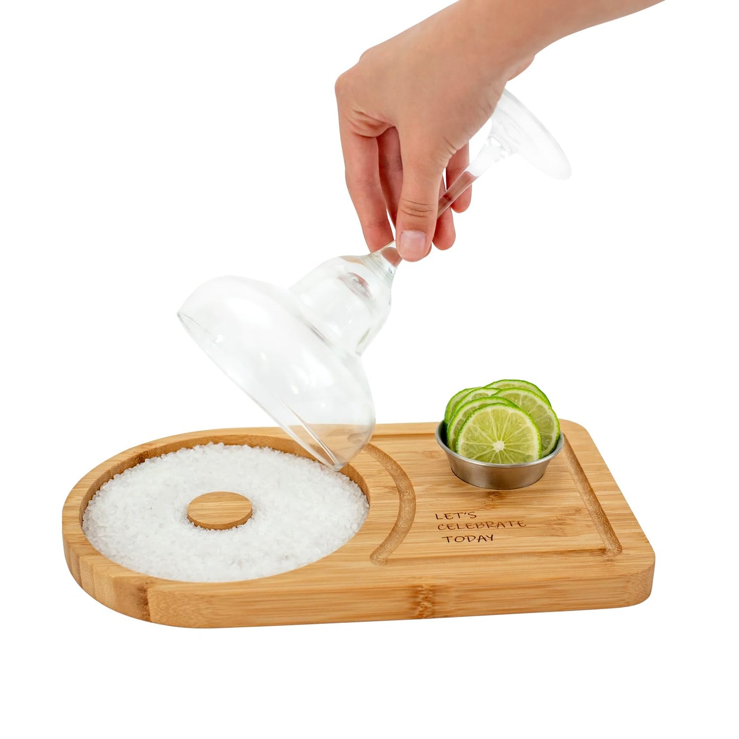 Margarita Salt Rimmer Set for up to 6" Rims - Bamboo 'Let's Celebrate Today' Wood Margarita Rimmer Set w/Bowl & Room for Margarita Accessories- Margarita Sugar Rimmer for Cocktails