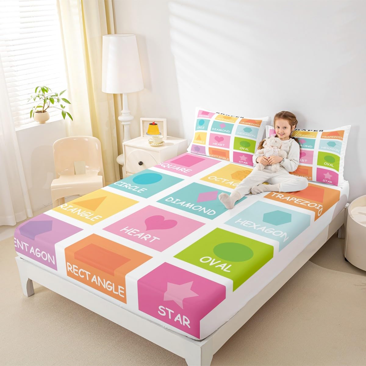 Feelyou Kids Shapes Fitted Sheet Twin Size, Educational Bed Sheet Set Boys Girls Preschool Bedding Set Learning Teens Bedroom Decor Lightweight Bed Set (No Flat Sheet)