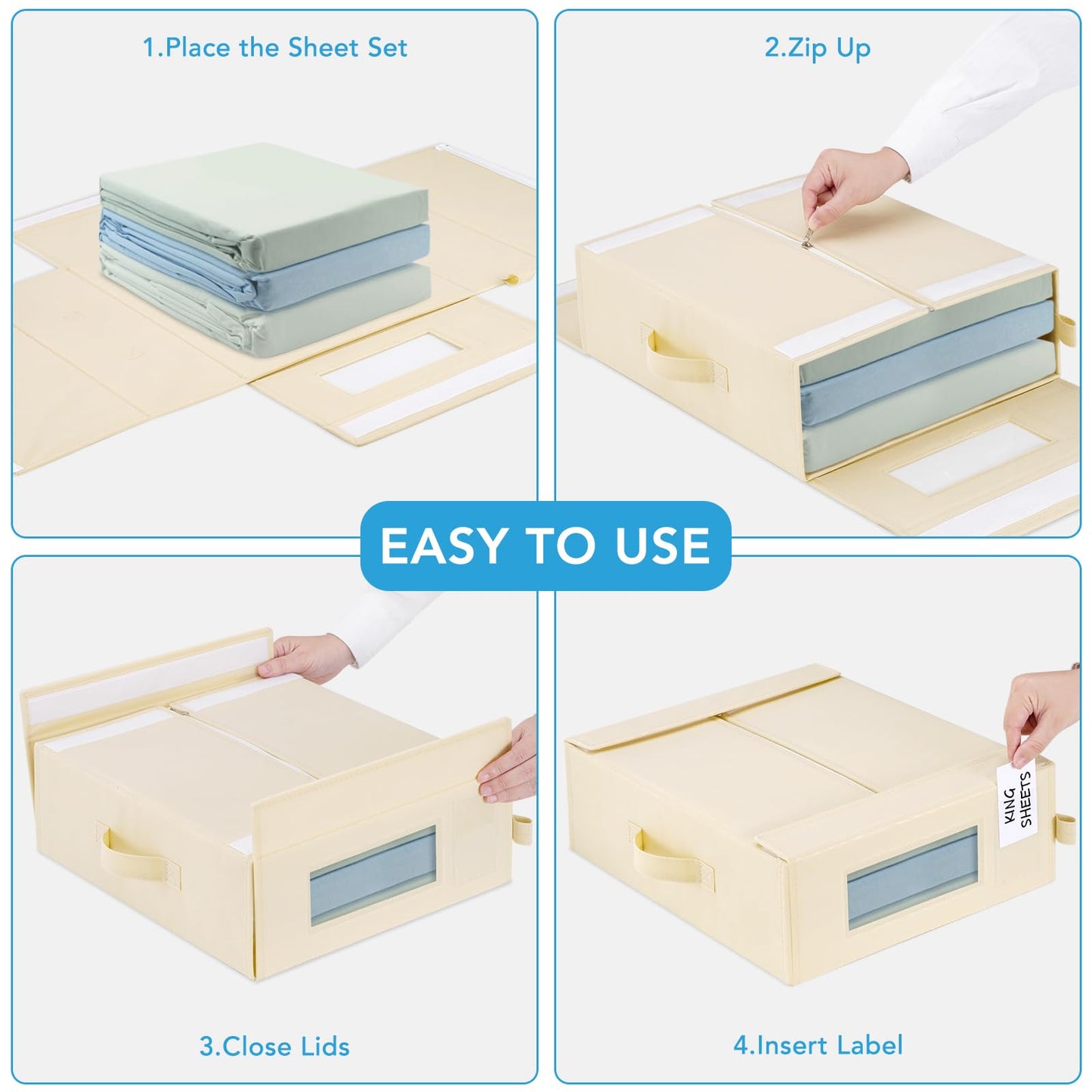 Baesyhom 3 Pcs Bed Sheet Organizers and Storage, Large Size Sheet Set Organizers (Queen & King) Duvet Covers Blanket Storage for Linen Closet with Handle, Zipper, Label and Clear Window, Beige