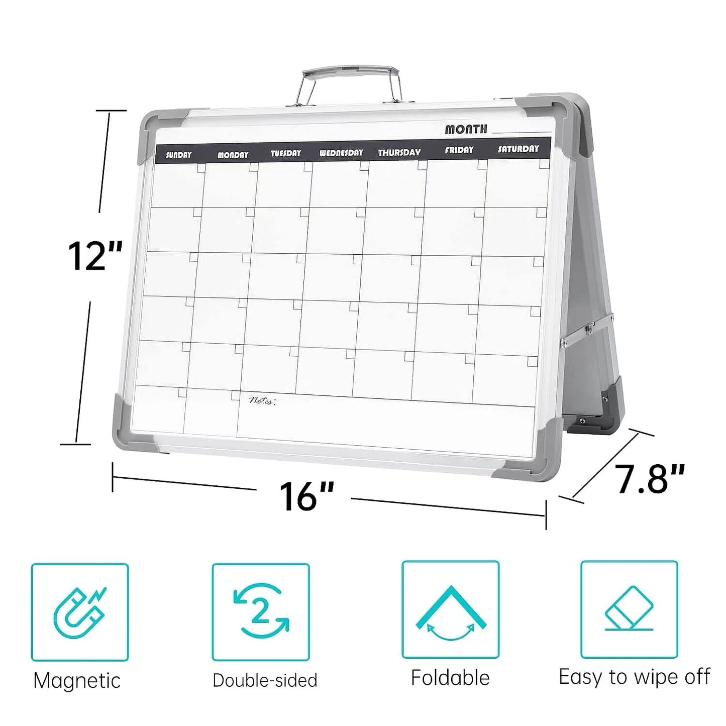 Magnetic Dry Erase Board with Calendar - Small Double Sided Whiteboard on Desktop with Monthly Schedule Planner, Portable Folding White Board on Table Top for Drawing, Teacher Students Classroom