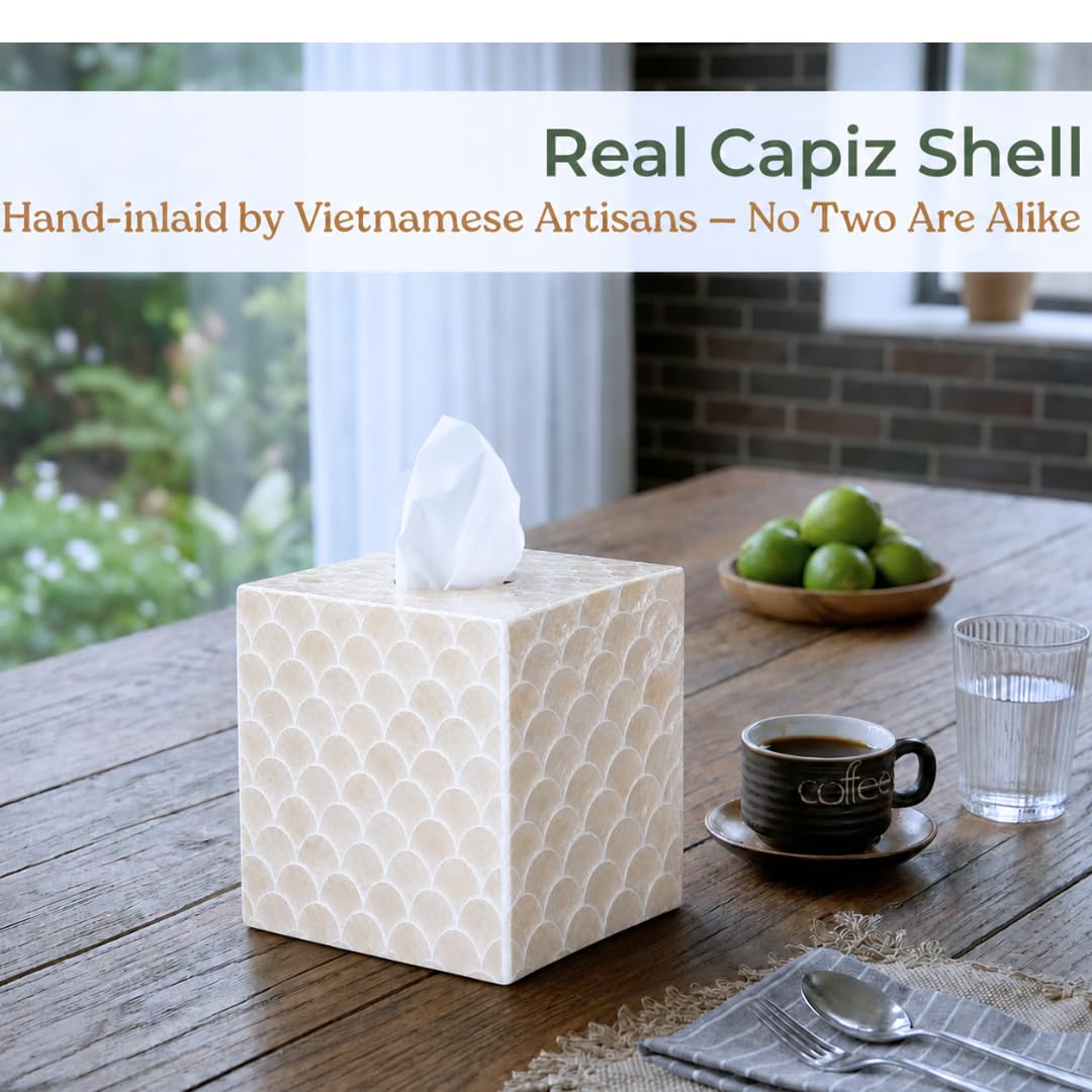 5.9" Capiz Shell Tissue Box Cover for Kleenex and More, Square Decorative Holder with Bottom Slider, Handmade Bathroom Accessory Coastal Décor (Natural)