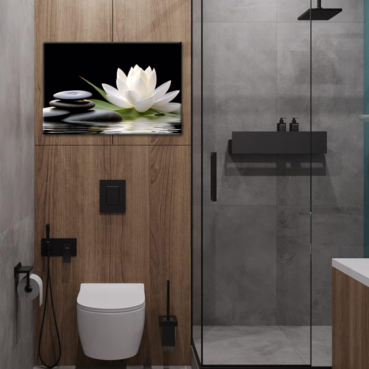 GLOKAKA Zen Wall Art,White Lotus Bloom in Water with Spa Stone,Black and White Bathroom Canvas Wall Art,Zen Spiritual Decor for Yoga Meditation Room Living Room,Office