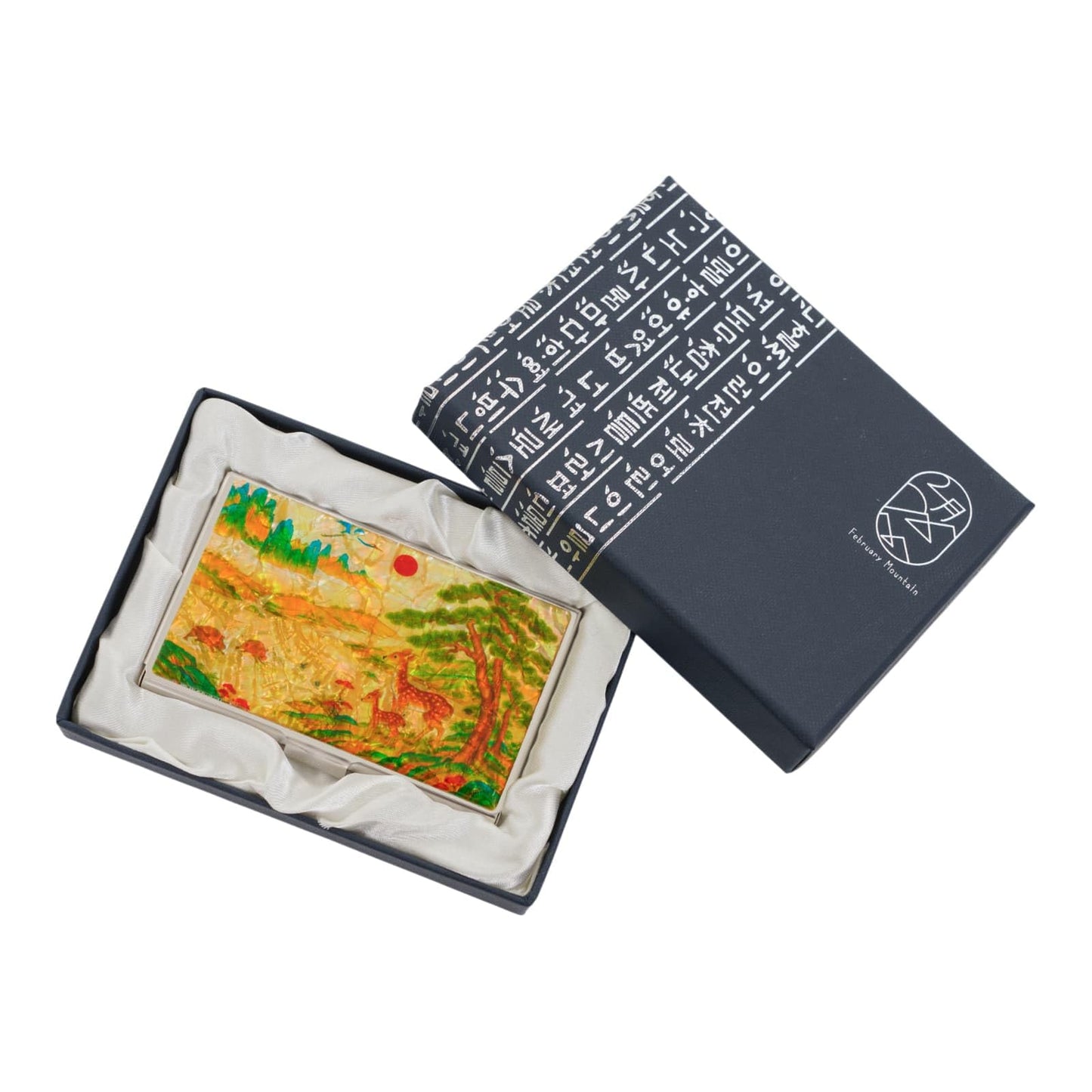 February Mountain Mother-of-Pearl Business Card Holder – Korean Deer and Mountain Landscape | Unique Asian Art Office Gift for Men & Women | Elegant Card Case for Professionals