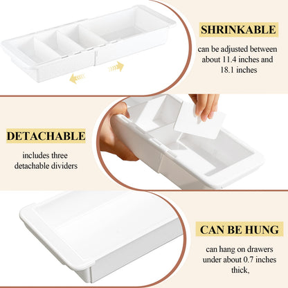 BrightRow 3 Pcs Expandable Drawer Organizer Bins Adjustable Deep Drawer Hanging Organizer Tray Expandable 11.4 to 18.1 Inches Plastic Dividers Storage for Office Bathroom Bedroom Kitchen Desk, White