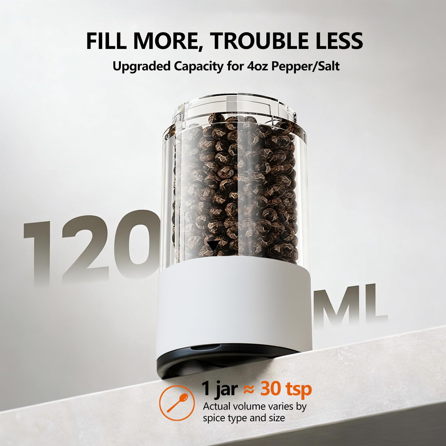 Hxro Electric Salt and Pepper Grinder, 120ml Capacity, 4 Level Timer, Salt and Pepper Mill with LED, USB Rechargeable, Adjustable Coarseness Grinder for Kitchen (2, Black&White Set)