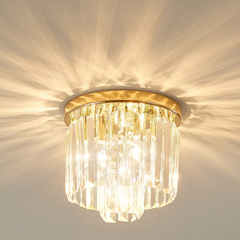 Gopmmy Modern Ceiling Light Crystal Chandelie,2-Tier French Gold Flush Mount Pendant Lighting Fixture for Kitchen Island Light Living Room Bedroom (3-Lights)