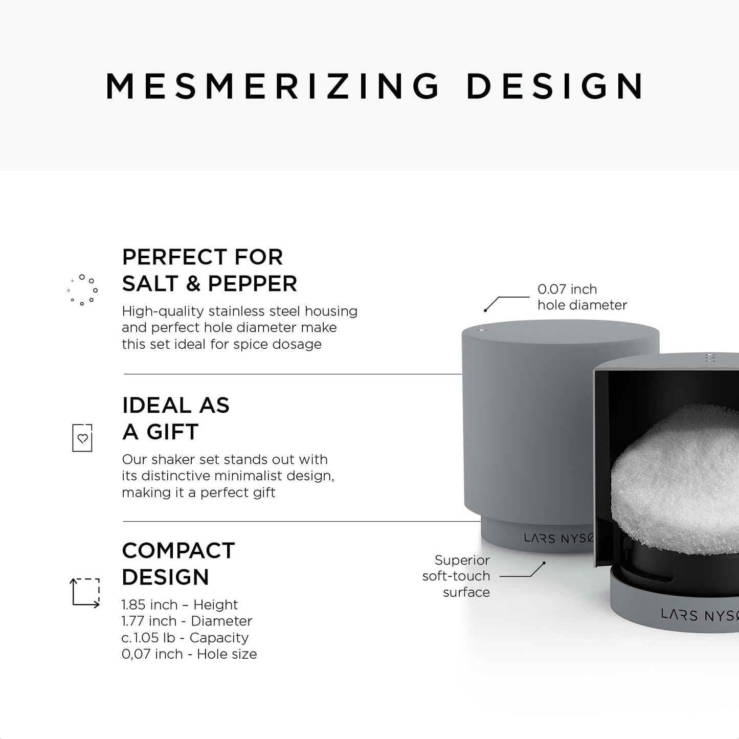 LARS NYSØM Mini Salt and Pepper Shakers Set | Stainless Steel Salt and Pepper Shakers with Modern Minimalist Design, Easy Refill, Small Size (Ash Gray)