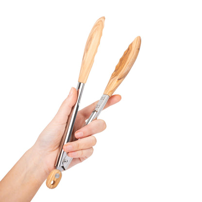 Salt & York Wooden Tongs Kitchen Long handle with non-Slip Grip for Cooking, Salad, Serving Food, Grilling - 11 Inch - Set of 1 (Olive)